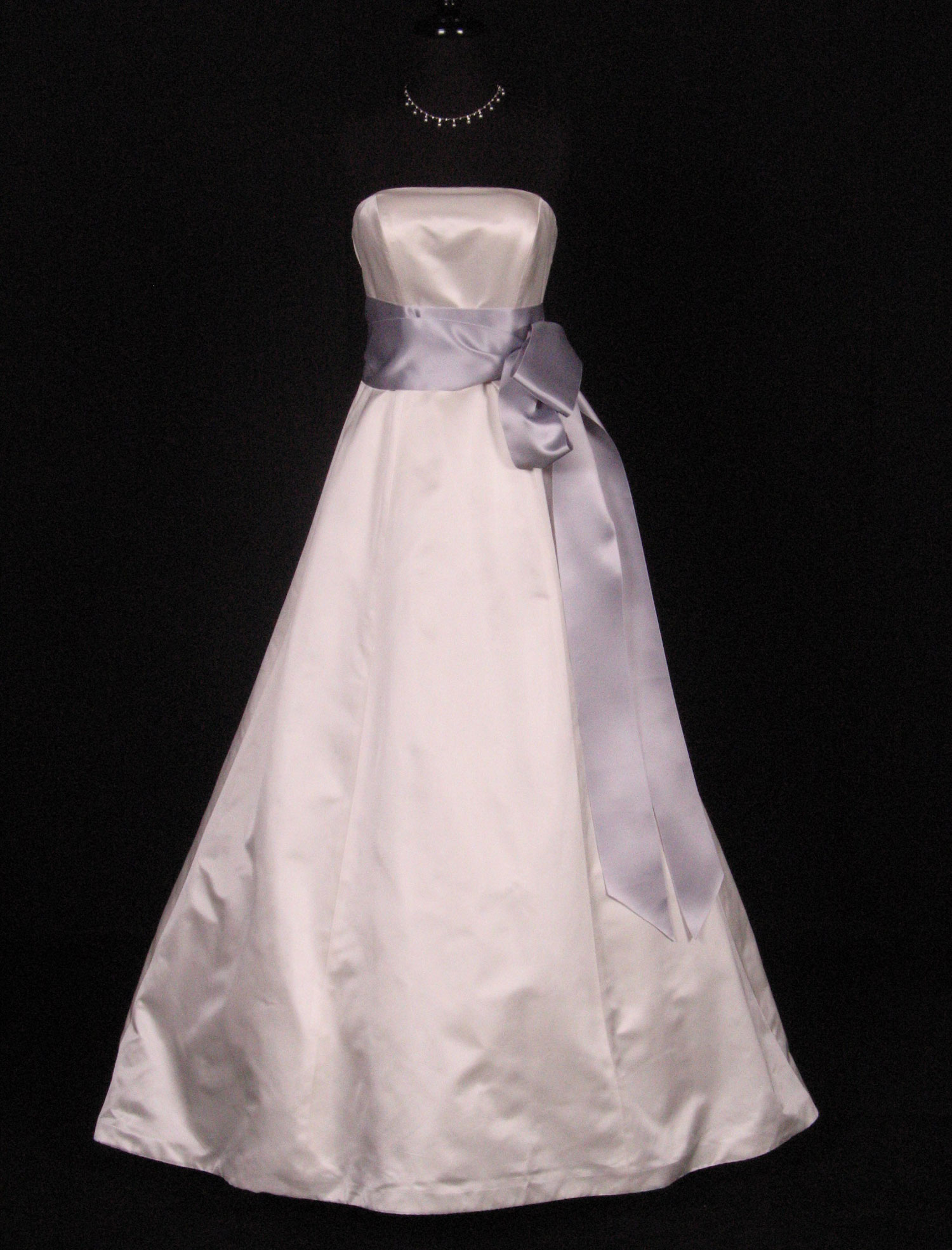 Wedding dress with a silver satin ribbon sash