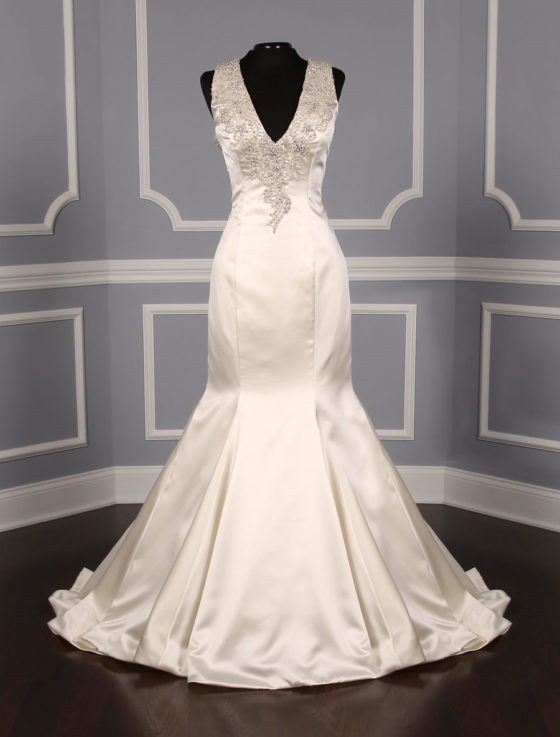 This Allure Bridal 9219 wedding dress is Brand New! The beading on the front and back of this elegant bridal gown is stunning! This Allure Bridal wedding dress is made from luxurious, buttery soft, ivory satin fabric. This satin wedding dress is sleeveless with a v-neck, a keyhole back and a fitted trumpet mermaid silhouette. Extremely elegant and chic! #weddingdressideas #weddingdressshopping #bridalgowns